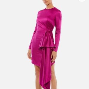 Mac Duggal Long Sleeve Mini Dress Size 4 Asymmetrical Draped Satin NYE Holiday